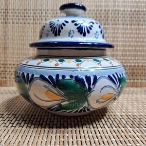 Talavera Mexican Sugar Bowl/Ginger Jar Large Hand Painted Blue,Green,Yellow